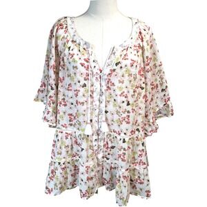 JJill Floral Tiered Tunic Top Boho Embroidered Tassel Women XL